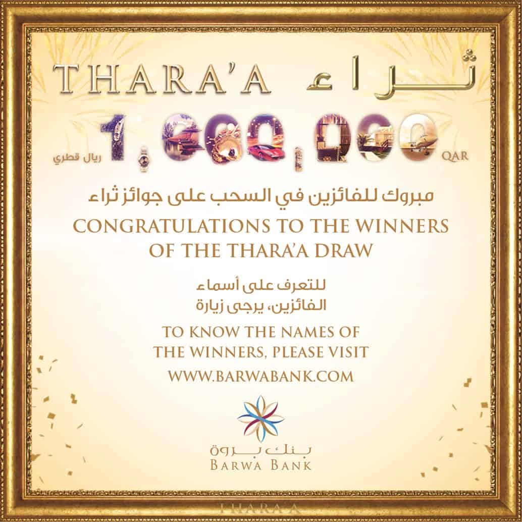 Barwa Bank announces draw winners of Thara’a savings account prize