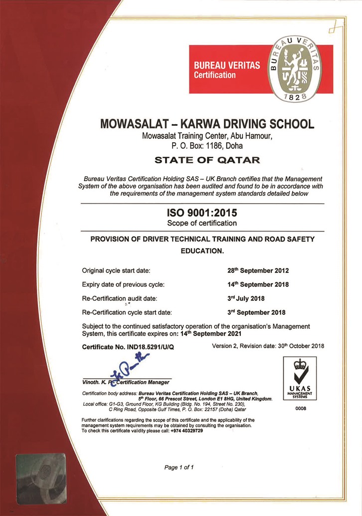 Mowasalat’s Karwa Driving School receives ISO 9001:2015 certification